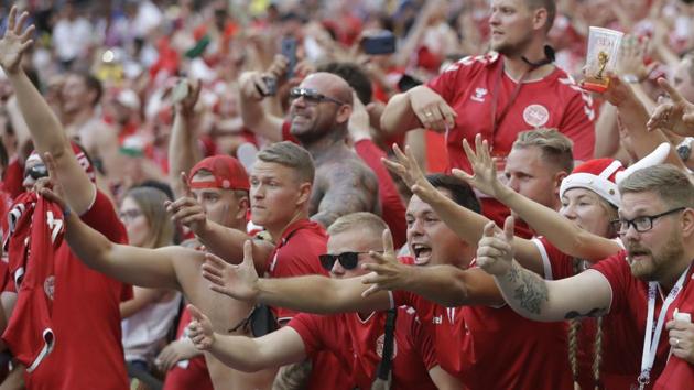 Danish fans react during the match. (AP) Danish fans react during the match. (AP)