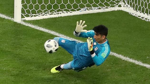 Alireza Beiranvand (in pic) saves a penalty taken by Cristiano Ronaldo during the FIFA World Cup 2018 match between Portugal and Iran in Saransk on Monday.(REUTERS)