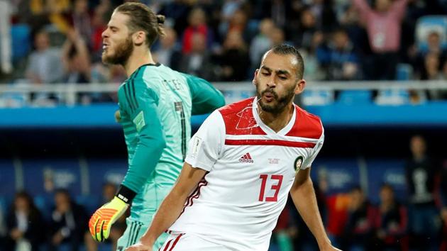 Morocco's Khalid Boutaib celebrates scoring their first goal. (REUTERS)