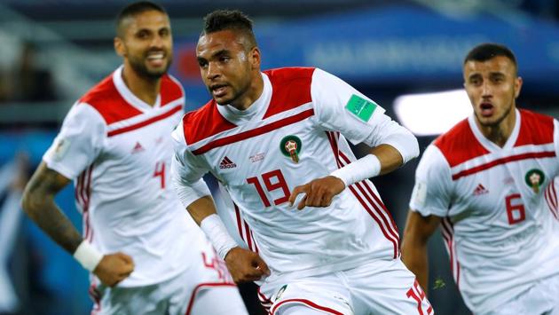 Morocco's Youssef En-Nesyri (C) celebrates scoring their second goal. (REUTERS)