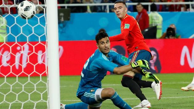 Spain's Iago Aspas celebrates scoring their second goal. (REUTERS)