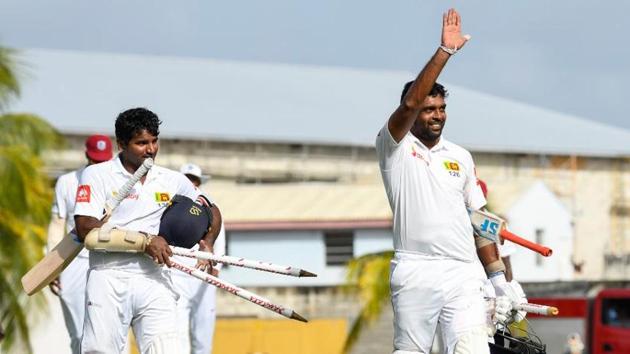 Kusal Perera (L) and Dilruwan Perera’s unbeaten 63-run partnership helped Sri Lanka beat West Indies by four wickets in the third and final Test in Barbados on Tuesday.(Twitter)