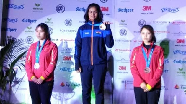 Manu Bhaker after winning the gold medal at the ISSF Junior World Cup .(HT Photo)