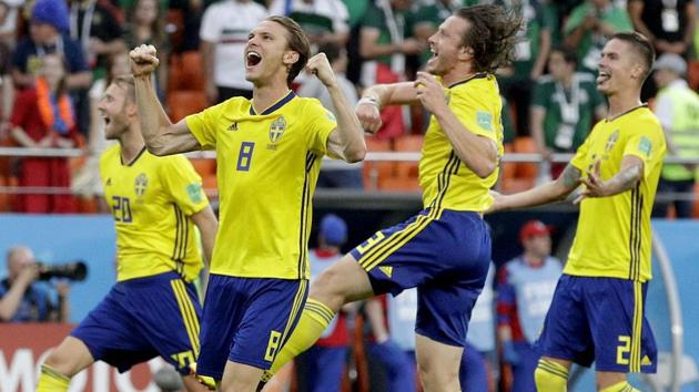 Albin Ekdal, front, and his teammates celebrate after the group F match between Mexico and Sweden. (AP)