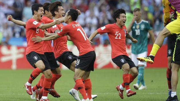 South Korean players celebrate after referee Mark Geiger decided on goal after a VAR review. (AP)