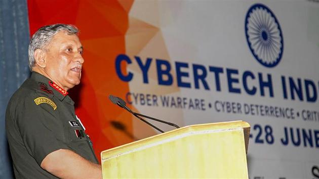 Army chief General Bipin Rawat addresses seminar on Cyber Warfare, Cyber Deterrence and Critical Infrastructure Security “CYBERTCH INDIA – 2018”, in New Delhi.(PTI Photo) Army chief General Bipin Rawat addresses seminar on Cyber Warfare, Cyber Deterrence and Critical Infrastructure Security “CYBERTCH INDIA – 2018”, in New Delhi.(PTI Photo)