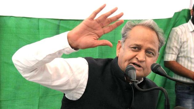 Former CM Ashok Gehlot addresses a press conference in Jaipur on Wednesday. (Prabhakar Sharma/HT PHOTO)