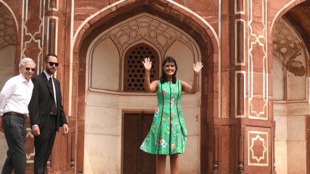 The US envoy to United Nations Nikki Haley, visited the tomb of Mughal emperor Humayun, in New Delhi. Haley pointed to opportunities in the Indo-US relationship at multiple levels, including counterterrorism and military aspects, and said her visit was aimed at solidifying the partnership between the two oldest democracies in the world. Indian-American Haley, asserted that religious freedom is as important as freedom of people and their rights. (Arvind Yadav / HT Photo)