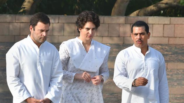 Robert Vadra (right) with his wife Priyanka and her brother, Congress president Rahul Gandhi (left), on the 27th death anniversary of former prime minister Rajiv Gandhi in New Delhi on May 21, 2018. (PTI) Robert Vadra (right) with his wife Priyanka and her brother, Congress president Rahul Gandhi (left), on the 27th death anniversary of former prime minister Rajiv Gandhi in New Delhi on May 21, 2018. (PTI)