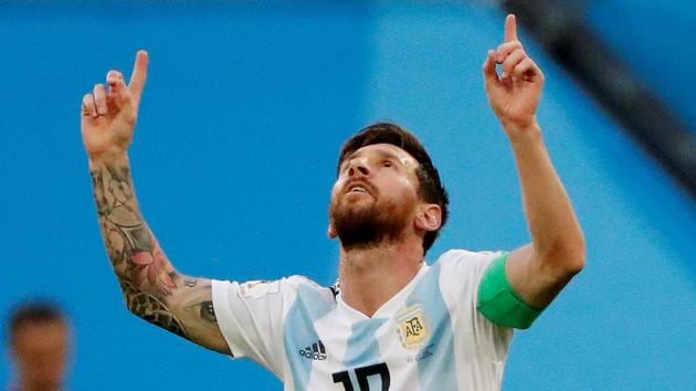 Argentina's Lionel Messi celebrates scoring their first goal against Nigeria in a FIFA World Cup 2018 match.(REUTERS)