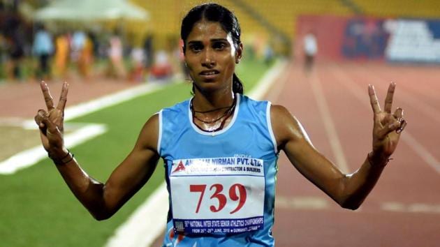 Sudha Singh after winning gold in the women’s 3,000m steeplechase during the 58th National Inter State Senior Athletics Championship at Indira Gandhi Athletic Stadium in Guwahati on Thursday.(PTI)