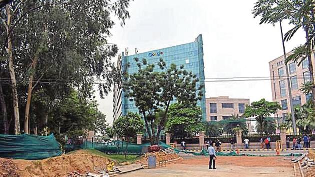 A portion of the green belt in front of Google India’s office was removed and a road built in its place.(Yogesh Kumar/HT Photo)