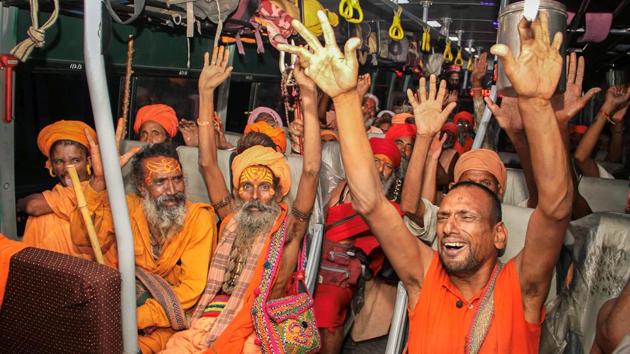 Sadhus leave for Amarnath Yatra in a bus in Jammu on Wednesday. (PTI Photo) Sadhus leave for Amarnath Yatra in a bus in Jammu on Wednesday. (PTI Photo)