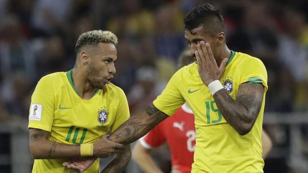 Brazil's Paulinho, right, celebrates with Brazil's Neymar after scoring his side's opening goal during the group E match between Serbia and Brazil. Follow highlights from Serbia vs Brazil, FIFA World Cup 2018 here.(AP)
