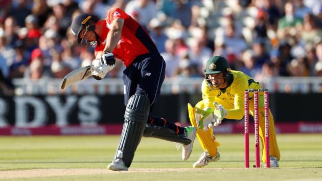 England’s Jos Buttler hits a six during their T20 encounter against Australia in Birmingham on Wednesday.(REUTERS)