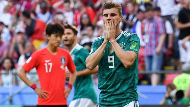 Germany's forward Timo Werner reacts after failing to score during the 2018 FIFA World Cup Group F match between South Korea and Germany at the Kazan Arena in Kazan on June 27, 2018. Germany lost 2-0.(AFP)