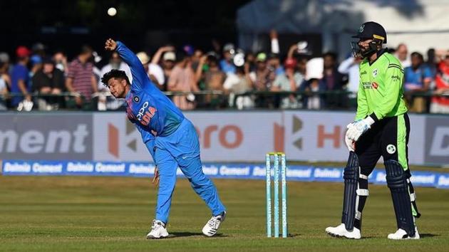 India's Kuldeep Yadav in action as Ireland's James Shannon looks on. (REUTERS)