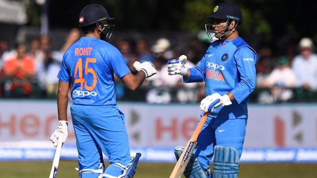 India's Rohit Sharma and MS Dhoni celebrate during the first T20 match against Ireland in Dublin on Wednesday.(REUTERS) India's Rohit Sharma and MS Dhoni celebrate during the first T20 match against Ireland in Dublin on Wednesday.(REUTERS)