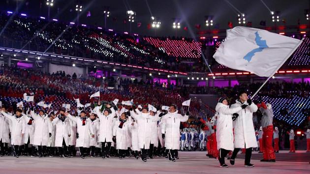 North Korea and South Korea marching together during the opening ceremony of the 2018 Winter Olympics in Pyeongchang, South Korea.(AP)