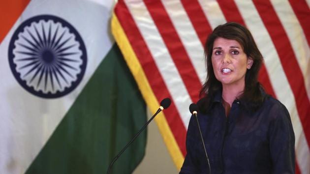 US Ambassador to the United Nations Nikki Haley speaks to the members of an Indian think tank in New Delhi, on June 28, 2018.(AP)