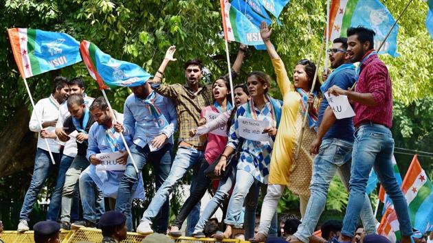 NSUI members shout slogans during a protest in New Delhi. (PTI File Photo) NSUI members shout slogans during a protest in New Delhi. (PTI File Photo)