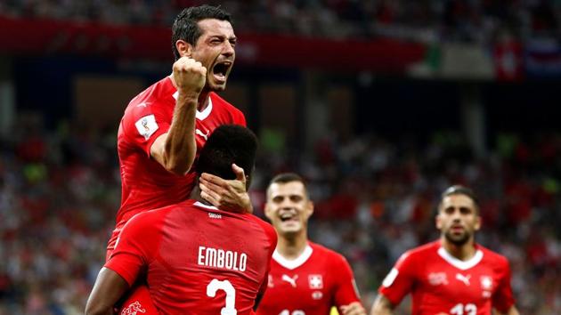 Switzerland's Blerim Dzemaili celebrates scoring their first goal against Costa Rica in the FIFA World Cup 2018.(REUTERS)