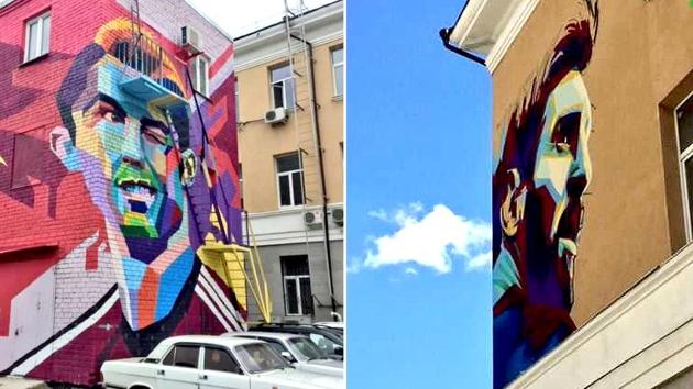 Murals of football stars Cristiano Ronaldo and Lionel Messi at Kazan during the FIFA World Cup in Russia.(Reuters/Twitter)