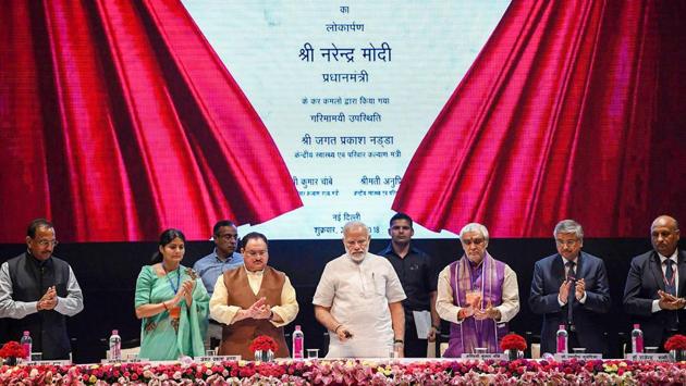Prime Minister Narendra Modi during the launch of various healthcare projects at AIIMS in New Delhi.“We want to provide the best healthcare to our people at the lowest possible cost. We have proposed and approved more numbers of AIIMS than it was done in the past 70 years,” Modi said. (PTI)