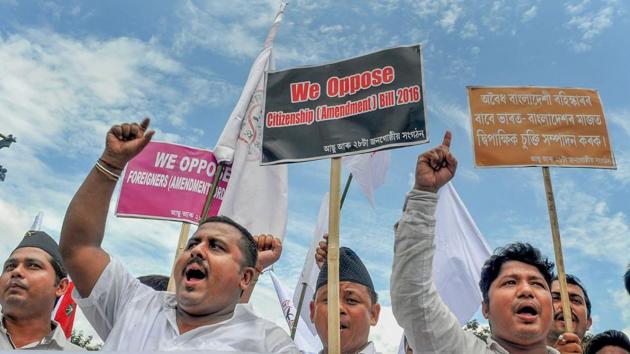 All Assam Students Union activists take part in ‘Gana Satyagraha’ protest rally against the Citizenship Amendment Bill 2016, in Guwahati, Assam. (PTI)