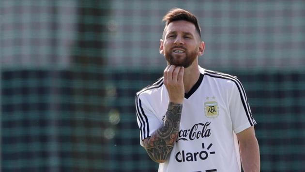 Lionel Messi during a training session of Argentina ahead of their FIFA World Cup Round of 16 contest against France.(AP)