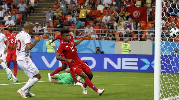 Tunisia's Wahbi Khazri, left, scores his side's second goal during the group G match between Panama and Tunisia at the 2018 soccer World Cup at the Mordovia Arena in Saransk. (AP)
