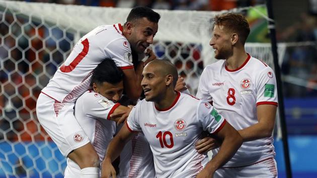 Tunisia's Wahbi Khazri (10) celebrates with teammates after scoring his side's second goal during the Group G match against Panama at the 2018 FIFA World Cup at the Mordovia Arena in Saransk on Thursday.(AP)