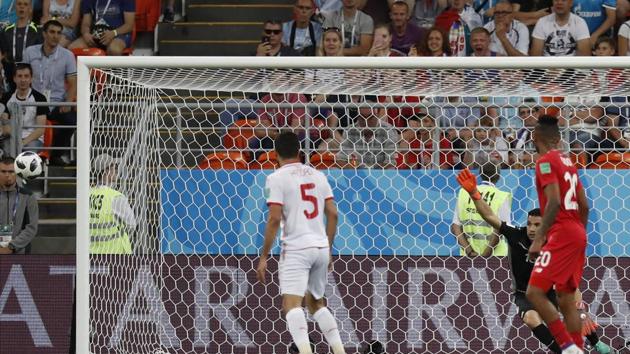 Tunisia's Yassine Meriah, scores an own goal during the group G match between Panama and Tunisia at the 2018 soccer World Cup in the Mordovia Arena. (AP)