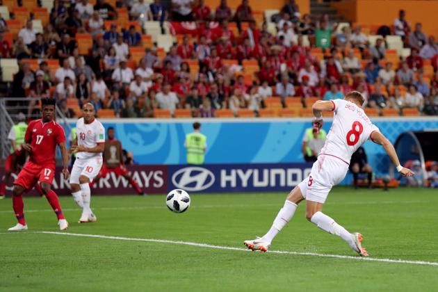 Tunisia's Fakhreddine Ben Youssef scores their first goal. (REUTERS)
