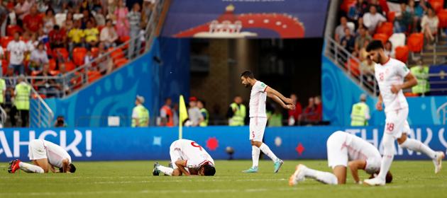 Tunisia's Oussama Haddadi and team mates celebrate Tunisia’s win over Panama in Group G match (REUTERS)