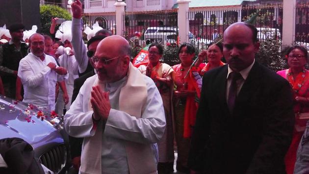 BJP president Amit Shah arrived in Imphal on Saturday to attend Tolly Baithak on Saturday. (HT PHOTO) BJP president Amit Shah arrived in Imphal on Saturday to attend Tolly Baithak on Saturday. (HT PHOTO)