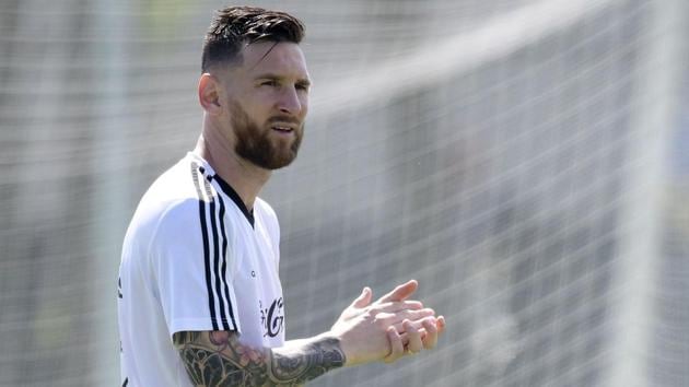 Argentina's forward Lionel Messi takes part in a training session at the team's base camp in Bronnitsy, on June 29, 2018 on the eve of the team's round of sixteen match as part of the 2018 FIFA World Cup.(AFP)