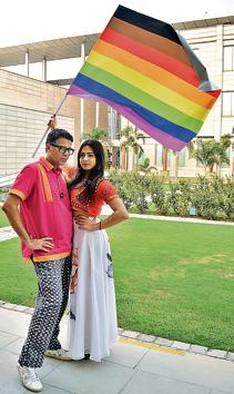 Parmesh Shahni and Nitasha Biswas at the pride parade organised at Indian School of Business in Mohali on Saturday.(Sikander Chopra/HT)