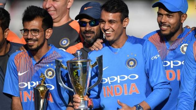 India players celebrate their 2-0 T20I series win against Ireland with the trophy at The Village, Malahide, Ireland on June 29, 2018. (REUTERS)