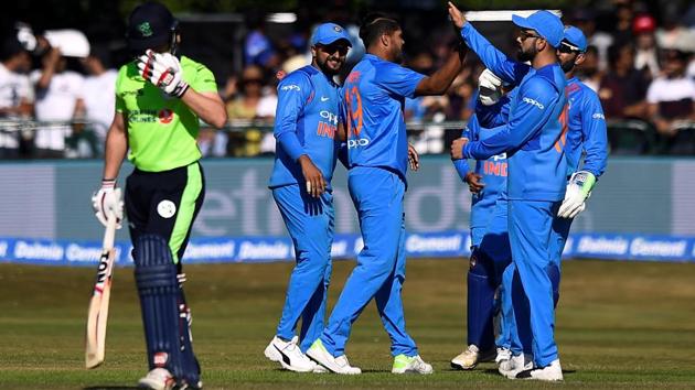 India players celebrate the wicket of Ireland's William Porterfield. (REUTERS) India players celebrate the wicket of Ireland's William Porterfield. (REUTERS)