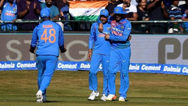 India's Suresh Raina (L), Manish Pandey (R) and Kuldeep Yadav (C) celebrate the wicket of Ireland's Kevin O'Brien. (REUTERS) India's Suresh Raina (L), Manish Pandey (R) and Kuldeep Yadav (C) celebrate the wicket of Ireland's Kevin O'Brien. (REUTERS)