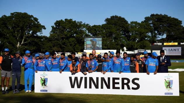 India players celebrate their win with the trophy. (REUTERS) India players celebrate their win with the trophy. (REUTERS)
