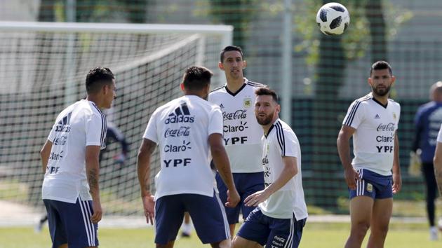 Argentina’s Lionel Messi (2R), Angel Di Maria (C) and Sergio Aguero (R) during a training session. (AP) Argentina’s Lionel Messi (2R), Angel Di Maria (C) and Sergio Aguero (R) during a training session. (AP)