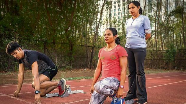 Dutee Chand training at the G M C. Balayogi Athletic Stadium in Gachibowli, Hyderabad.(Harsha Vadlamani/HT Photo)