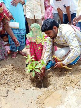 After taking seven traditional marriage vows, groom Vijaypal Beniwal and bride Sumitra Bhambhu pledged to plant a sapling every year and take care of the plants like family members. (HT Photo) After taking seven traditional marriage vows, groom Vijaypal Beniwal and bride Sumitra Bhambhu pledged to plant a sapling every year and take care of the plants like family members. (HT Photo)