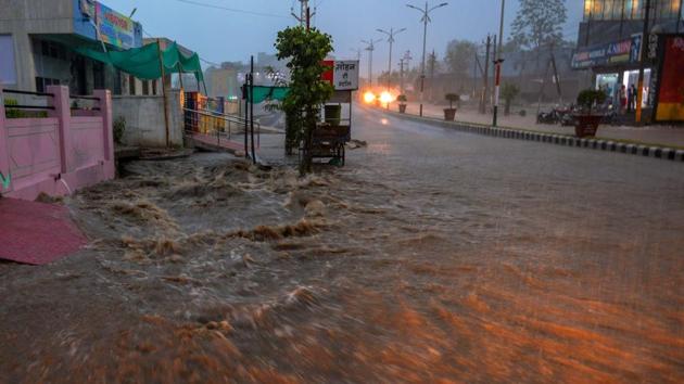 A view of flooded roads during heavy rains, in Dungarpur, on June 25.(PTI File)