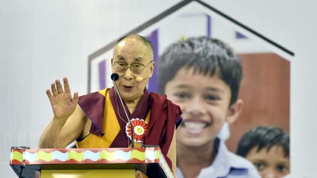 The Dalai Lama addresses teachers after the inauguration of Happiness Curriculum of the Delhi government at Thyagraj Sports Complex in New Delhi, India on Monday, July 2, 2018.(Sonu Mehta/HT Photo)