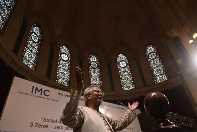 Nobel laureate Muhammad Yunus at his lecture in University of Mumbai on Monday. (Anshuman Poyrekar/HT Photo) Nobel laureate Muhammad Yunus at his lecture in University of Mumbai on Monday. (Anshuman Poyrekar/HT Photo)