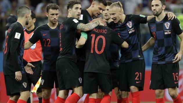 Croatia players celebrate after their win against Denmark on penalties. (AP)