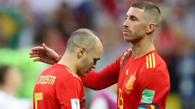 Spain's Andres Iniesta and Sergio Ramos look dejected after losing the penalty shootout against Russia in the FIFA World Cup 2018.(REUTERS)